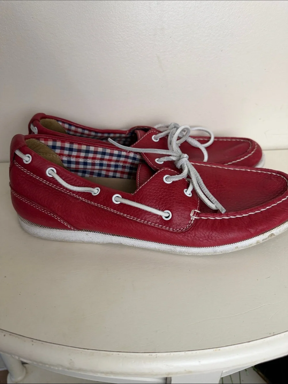 (2387) Rockport Men's Red Leather Boat Shoes - Casual Lace-Up, Size: 10